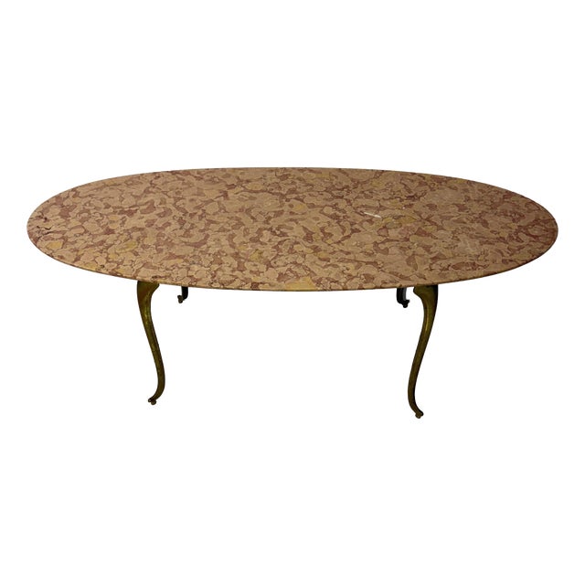 Oval Brass Coffee Table with Marble Top, 1950s For Sale