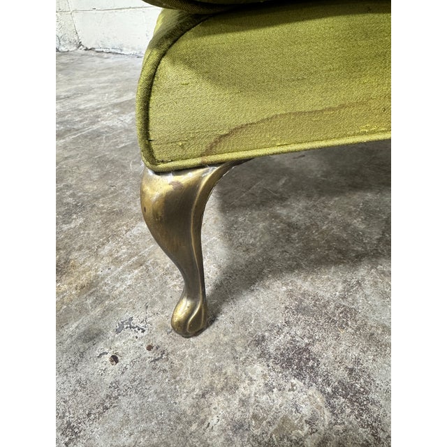 Hollywood Regency Olive Green Silk Button Tufted Footstools - A Pair For Sale - Image 9 of 12