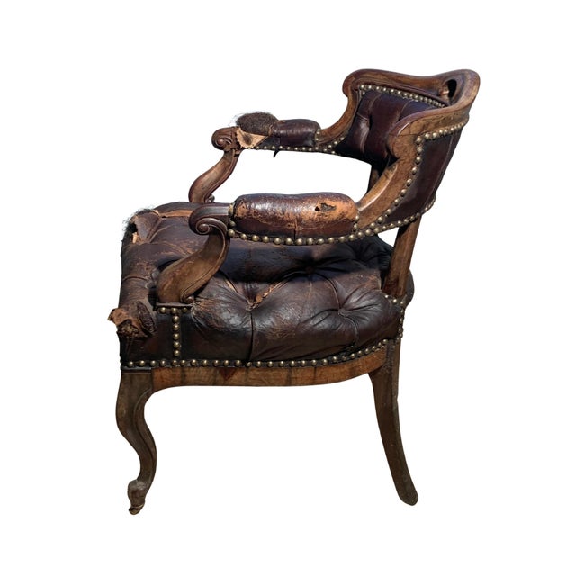 19th Century Victorian Brown Leather Button Back Open Frame Captains ArmChair with Cabriole Legs and Brass Castors Tub...