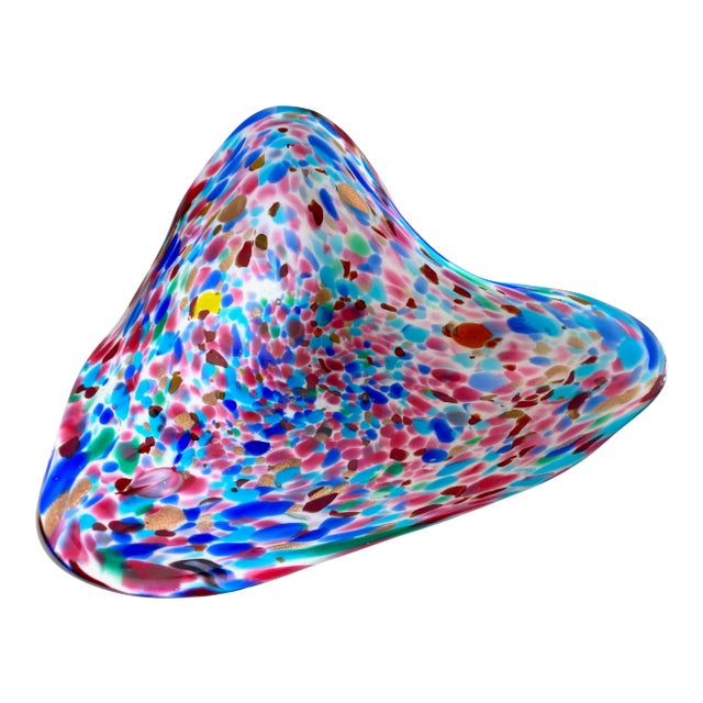 Vintage Mid Century Modernist Italy Multicolor Confetti Murano Art Glass Large Biomorphic Triangular Bowl For Sale