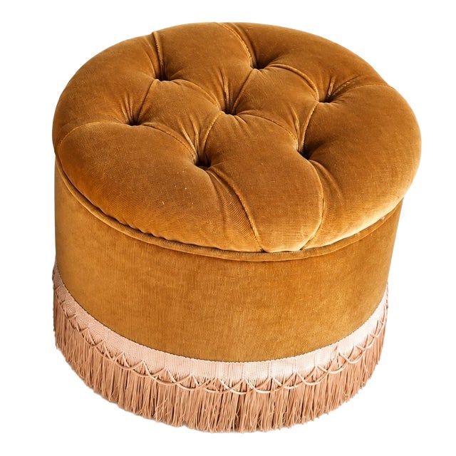 Early 20th Century Napoleon III Ottoman in Ochre Velvet with Tufted Fringes For Sale