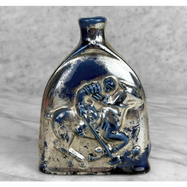 Vintage Traditional Polo Equestrian Blue & Silver Pottery Flask Vase For Sale - Image 4 of 8