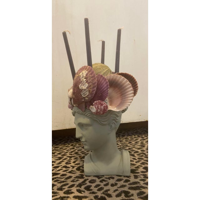 Plastic Shell-Encrusted Bust in Farrow & Ball “Blue Gray” With Candle Holders For Sale - Image 7 of 12