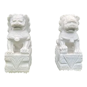 Pair of Chinese Hand Carved White Marble Stone Fengshui Foo Dogs Lions Statue