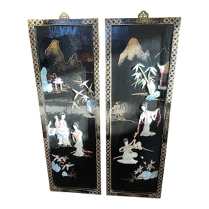 Vintage Laquered Asian With Mother of Pearl Panels - a Pair