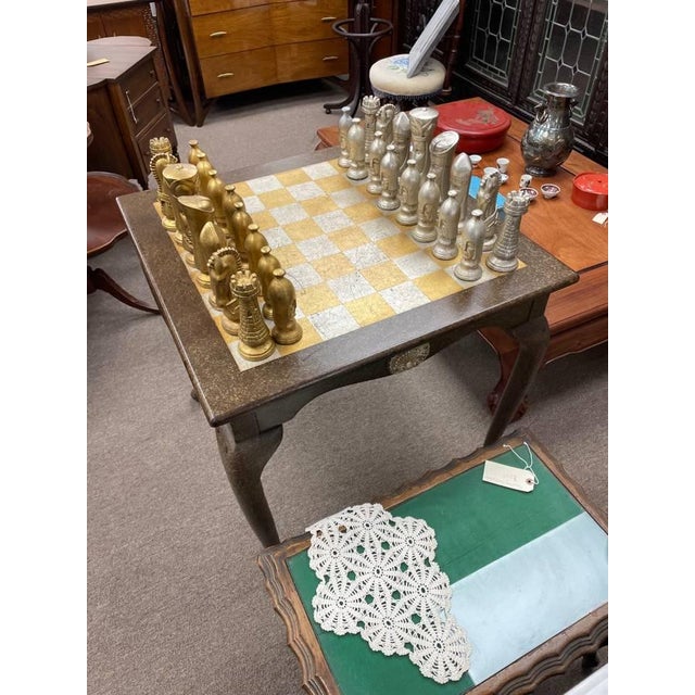 Vintage Style Chess Board Game Table, With 32 Matching Pieces, Silver Leaf + Gold Leaf For Sale - Image 4 of 9