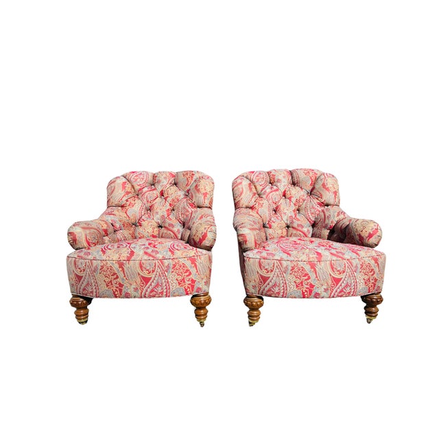 Pair of Baker Furniture Tufted Club Armchairs – George Smith Style Paisley Upholstery, Traditional English Rolled Arm...