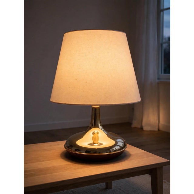Swedish Brass Table Lamp, 1970s - Top Lighting Year: 1970, Sweden Materials: Brass and beige fabric shade Condition: Very...
