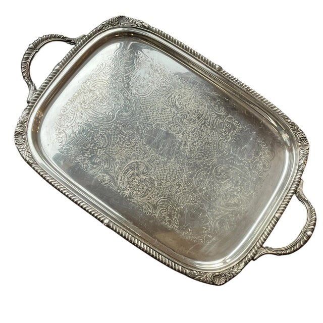 Rogers Silverplated Butler’s Buffet Serving Platter Footed With Handles For Sale - Image 14 of 16