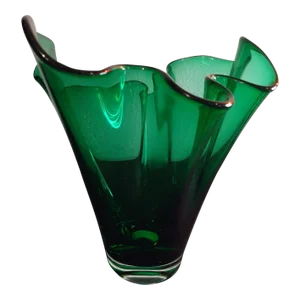 1980s Green Art Glass Ruffled Edged Handkerchief Vase