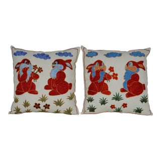 Red Bunny Suzani Pillow Cover - A Pair For Sale