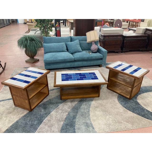 Wood Mid-20th Century Arts and Crafts Style Tile Top Occasional Tables - Set of Three For Sale - Image 7 of 8