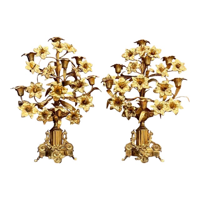 Late 19th Century Pair of French Napoleon III Gilt Bronze Floral Seven-Light Candelabra For Sale