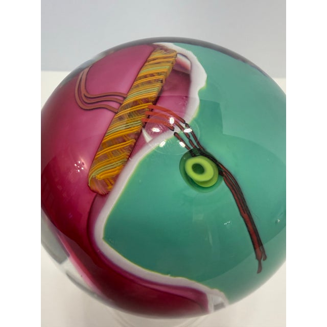 1990s Signed James R. Wilbat Jr Hand Blown Art Glass Paperweight Orb Sculpture 4” Colorful For Sale - Image 5 of 12