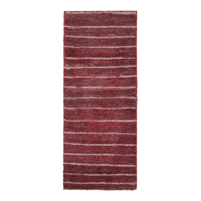 Vintage Moroccan Runner Rug in Red With Geometric Striped Patterns - Rug & Kilim For Sale