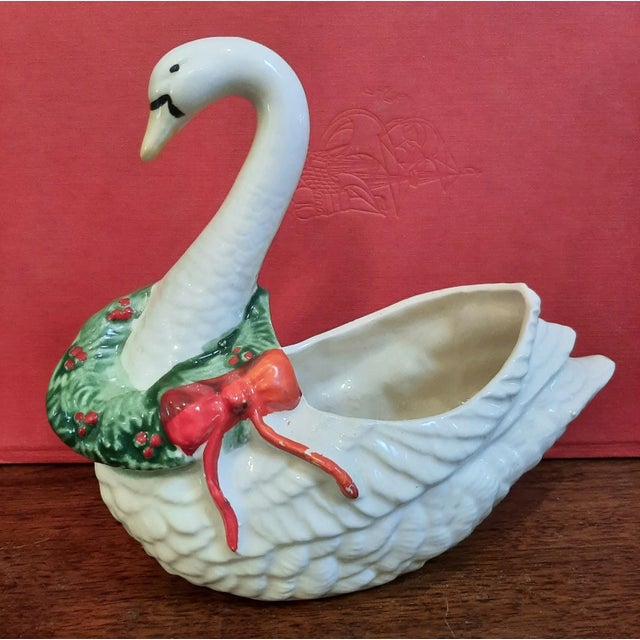 Mid 20th Century Christmas Pottery Wreath Ribbon Swan Vase For Sale - Image 5 of 6