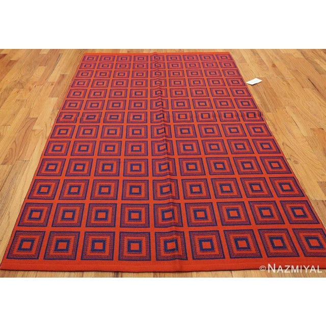 A Captivating and Beautifully Artistic Vintage Red And Blue Square Design Double Sided Reversible Swedish Kilim, Country...