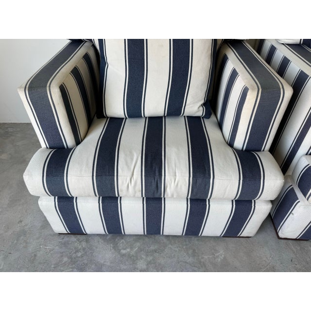 Wood Ralph Lauren Striped Upholstered Arm Lounge Chairs – Pair For Sale - Image 7 of 12