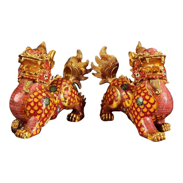 Mid 20th Century Pair of Gilt Cloisonne Enamel Qilin Figures – 7.9" Mythical Beast Statues For Sale