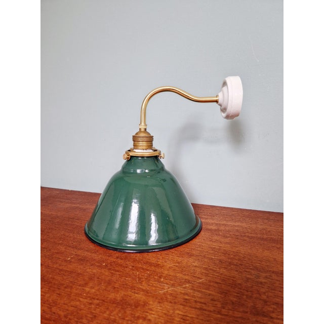 Mid-Century Conical Gooseneck Wall Sconce in Brass and Green Enameled Sheet Metal, 1940s For Sale - Image 14 of 14