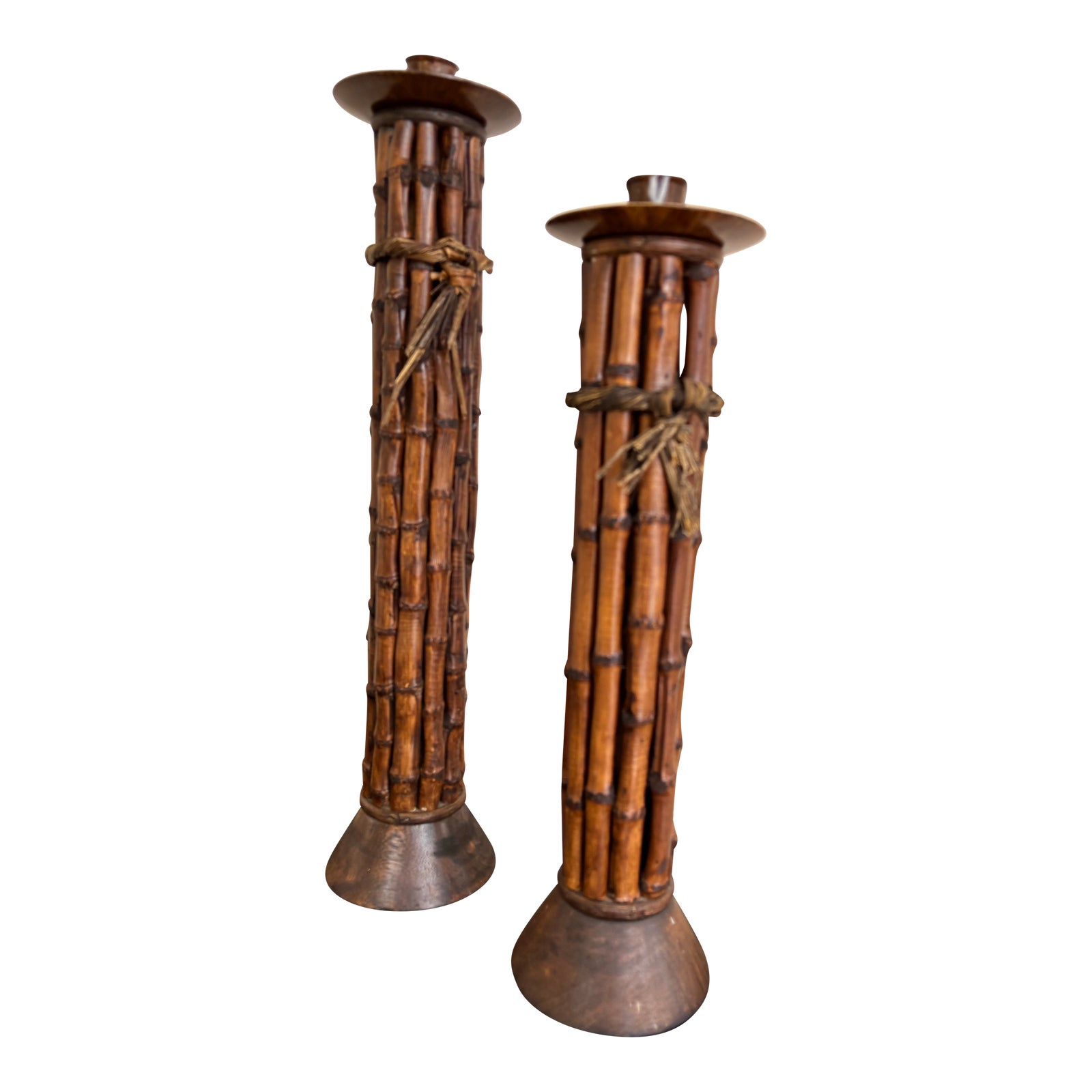 Bamboo Rattan Candleholders in McGuire Style. Can Be Used for Wide or