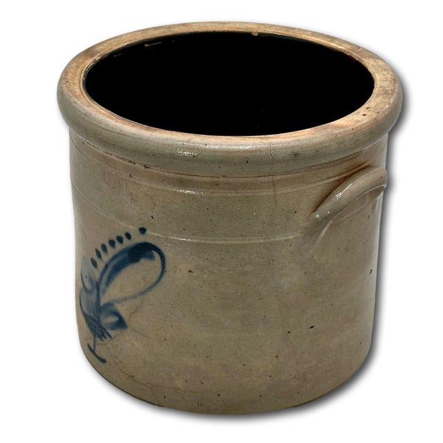 Antique Small 1 Gallon Size American New England Blue Decorated Stoneware Storage Jar - Circa 1870s For Sale - Image 4 of 18