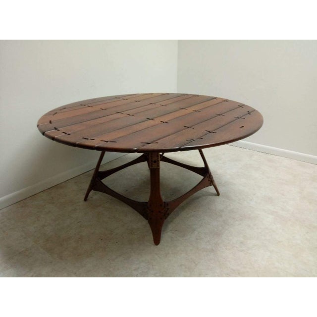 1980s Brazilian Hardwood lashed planks Dining Room Pedestal Table arts crafts mcm For Sale - Image 9 of 10