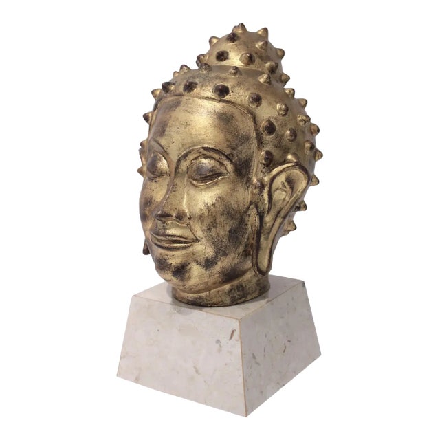 Gold Leaf on Terracotta Buddha Head Mid-Century For Sale