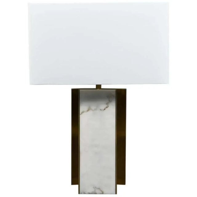 Lorin Marsh Design Table Lamp Patinated Brass and Faux Alabaster Linen Shade For Sale - Image 13 of 13