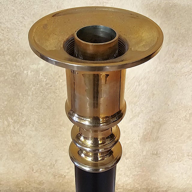 Pair of Vintage Brass & Black Enamel Candlestick Holders For Sale - Image 12 of 14