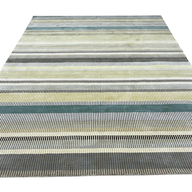 6x9 Zinnia Striped Green Geometric Contemporary Handmade Wool Carpet Rug For Sale - Image 12 of 13