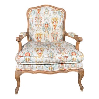 Louis XV-Style French Provincial Fauteuil in Custom Ikat Upholstery For Sale