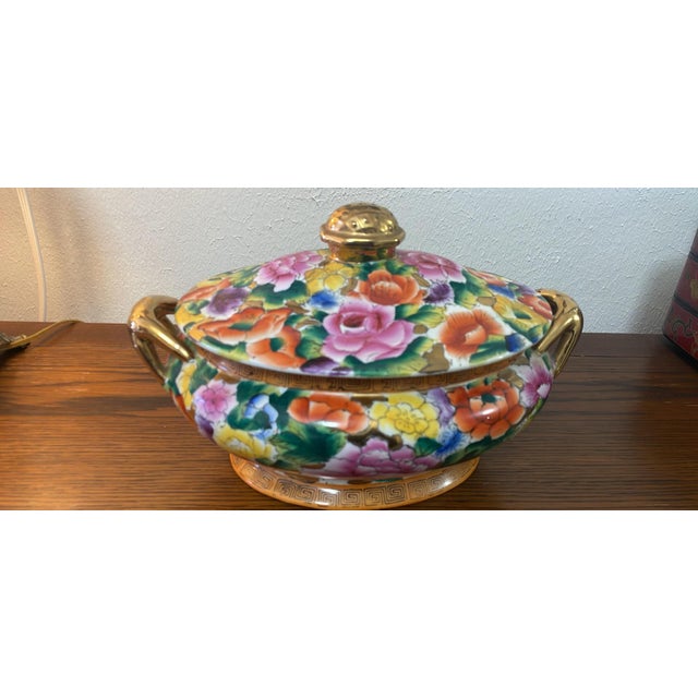 Vintage Millefleur Porcelain Tureen, Neoclassical-Greek Key For Sale In San Francisco - Image 6 of 7
