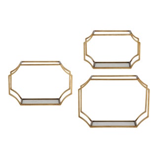 Set of 3 Gold Metal & Glass Floating Wall Display Shelves For Sale
