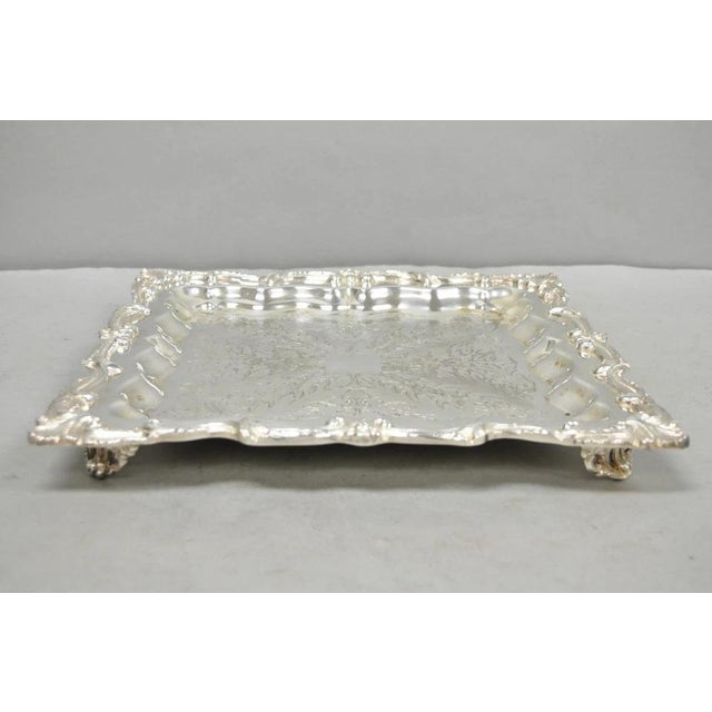 Vintage English Silver Mfg. Silver Plated Ornate Square Bar Serving Platter Tray For Sale - Image 4 of 14