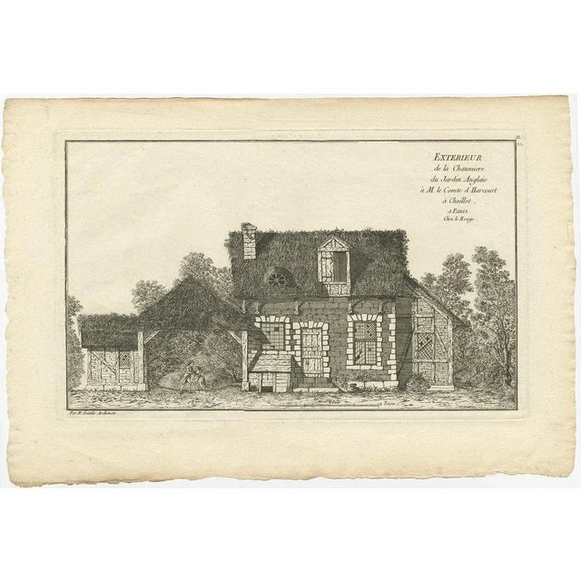 Antique print titled 'Exterieur de la Chaumiere du Jardin Anglais'. Copper engraving of a cottage in an English garden....