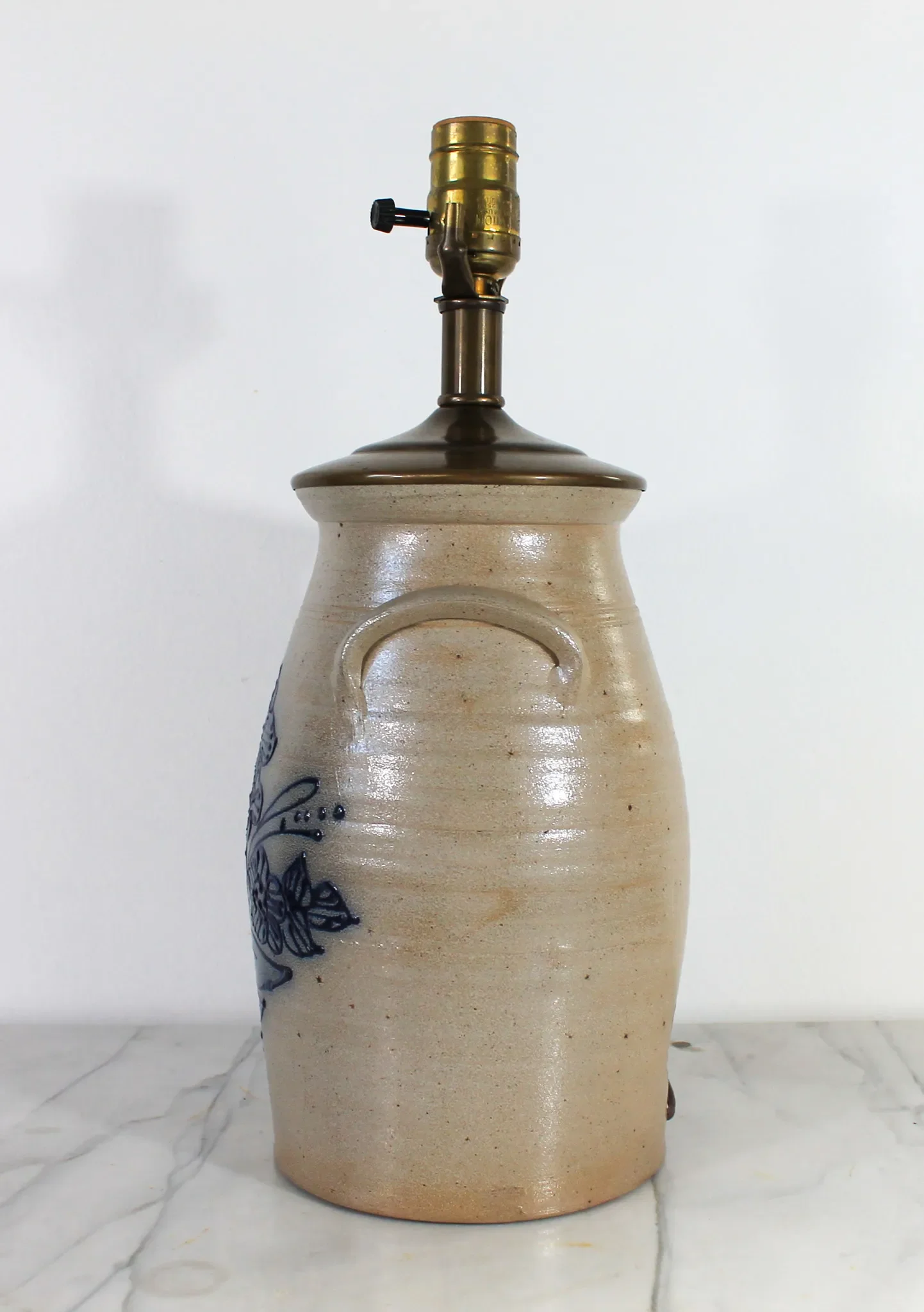 1992 Rowe Pottery Salt Glaze Blue Decorated Bird Lamp | Chairish