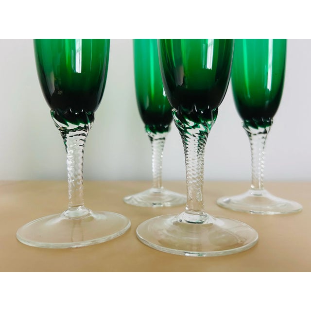 1930s Early 20th Century Green Crystal Flute Pilsner Stemware Glasses- Set of 4 For Sale - Image 5 of 6