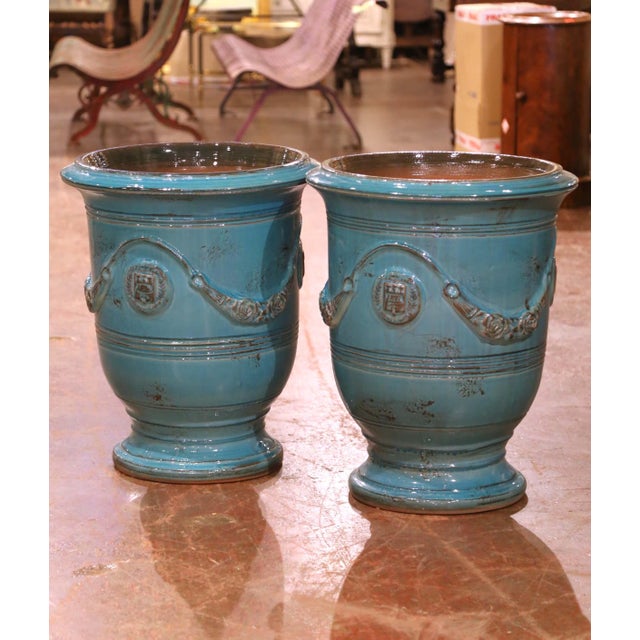 Pair of French Turquoise Glazed Terracotta Planters by La Madeleine in Anduze For Sale - Image 4 of 12