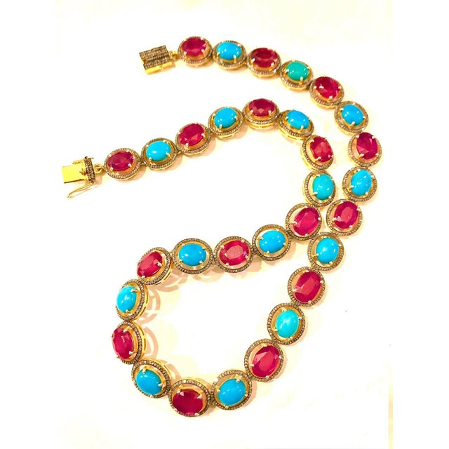 Bochic "Capri" Natural Ruby, Turquoise & Diamond Necklace & Earrings Set 18K Gold For Sale - Image 11 of 18