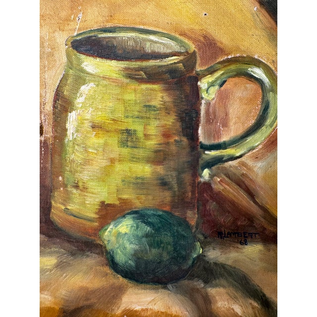 Paper Vintage Mid Century Traditional Expressionist Still Life Original Oil Painting on Board, Yellow, Green & Goldenrod For Sale - Image 7 of 12