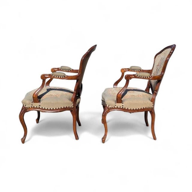 Pair of Early 20th Century Louis XV-Style Carved Wood Armchairs With Tapestry Upholstery For Sale - Image 12 of 14