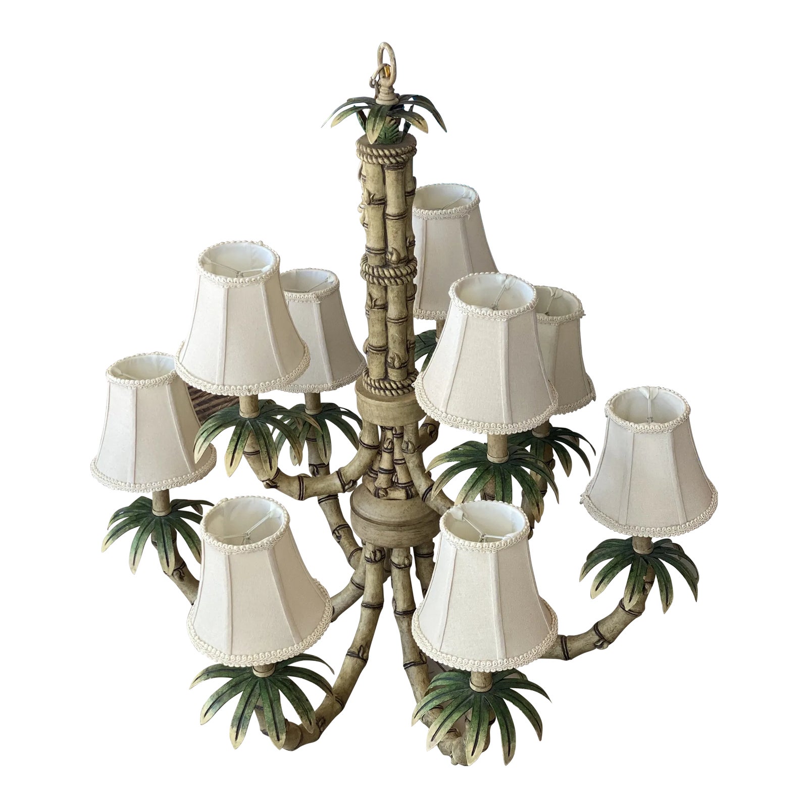 Vintage 9 Light Tropical Palm Tree Faux Bamboo Metal Tole