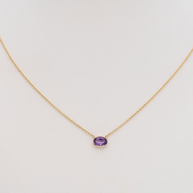 Amethyst Necklace in Solid 14k Gold – Oval 6x4mm Bezel Set Gemstone Pendant For Sale - Image 4 of 9