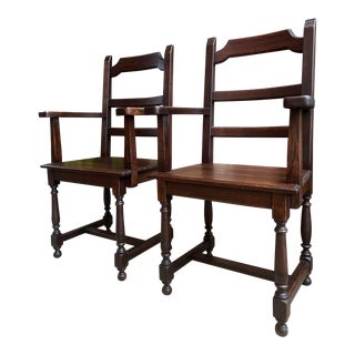 Pair Set 2 Antique French Arm Dining Chair Ladder Back Carved Dark Oak For Sale