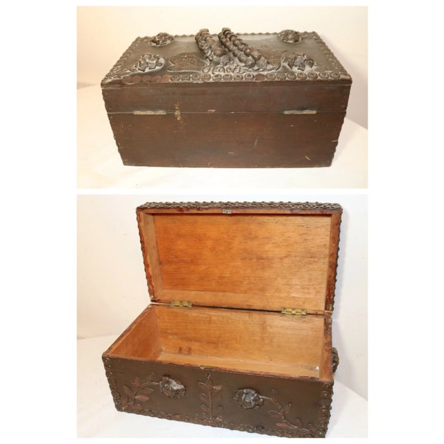 Rare Quality Antique 1800s Victorian Handmade Floral Wood Box Sculpture Folk Art For Sale - Image 10 of 12