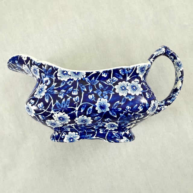 1940s Crownford China Blue Calico Gravy Boat & Underplate For Sale In Philadelphia - Image 6 of 12