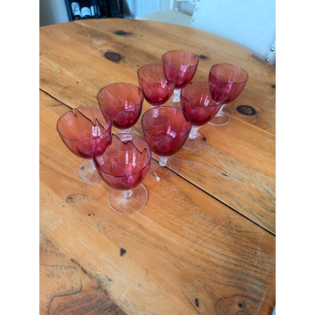 Glass 1950s Set of 8 Borgfeldt Lisa Cranberry Optic Wine Glasses For Sale - Image 7 of 7