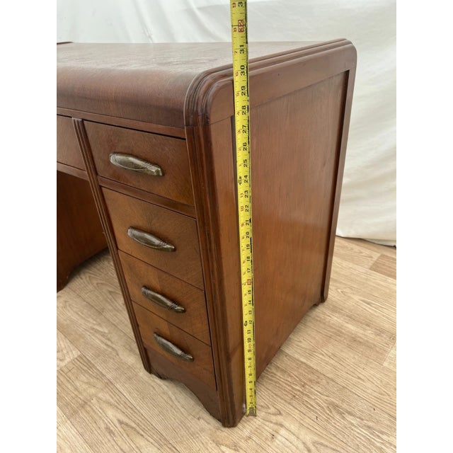 1930s Art Deco Desk Waterfall Top Seven Dovetail Brass Drawers Walnut Finished Back For Sale - Image 13 of 18