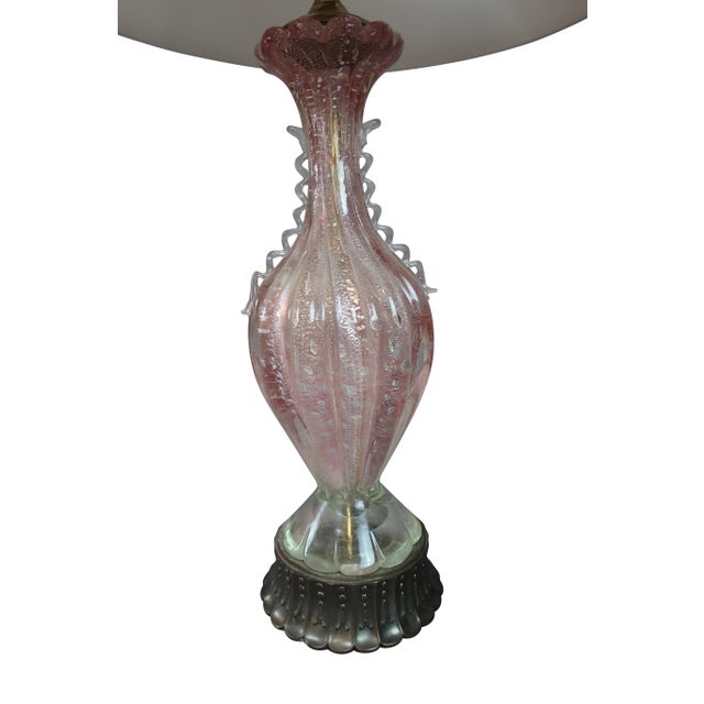 Pair Italian Pink Murano Glass Table Lamps, baluster form, cased pink with silver bases and custom white silk shades.